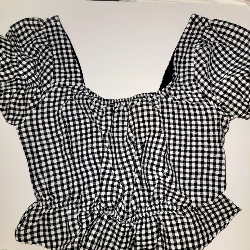 Vintage Eyeshadow 90's Black White Gingham Puff Sleeve Smocked Crop Top L Ruffle